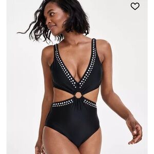 Bar III Women's Tell Me About It Studded Black One-Piece Swimsuit